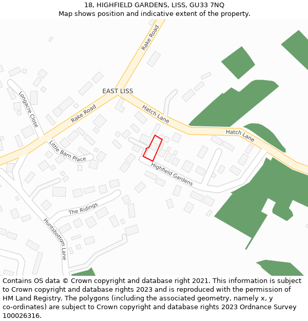 18, HIGHFIELD GARDENS, LISS, GU33 7NQ: Location map and indicative extent of plot