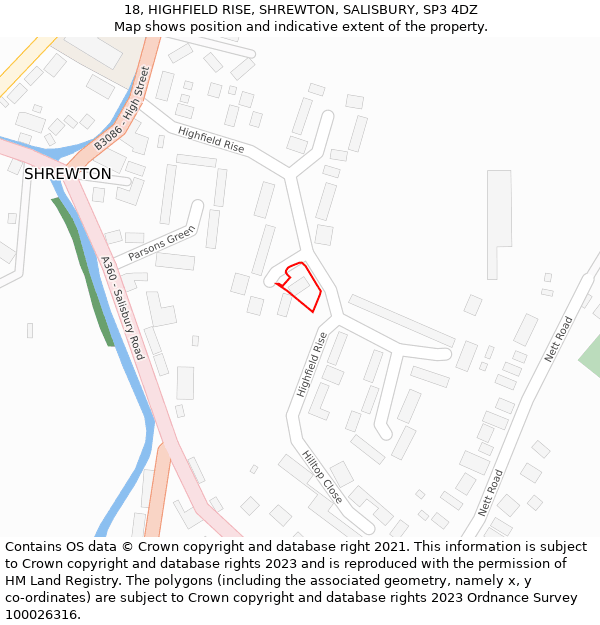 18, HIGHFIELD RISE, SHREWTON, SALISBURY, SP3 4DZ: Location map and indicative extent of plot