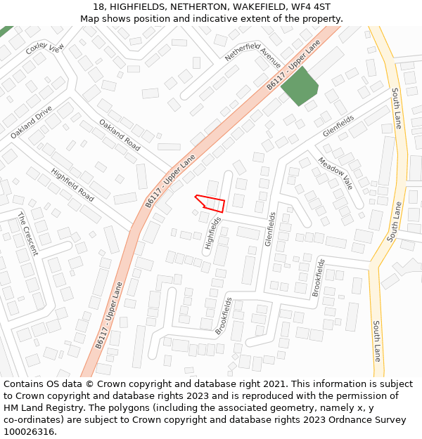 18, HIGHFIELDS, NETHERTON, WAKEFIELD, WF4 4ST: Location map and indicative extent of plot