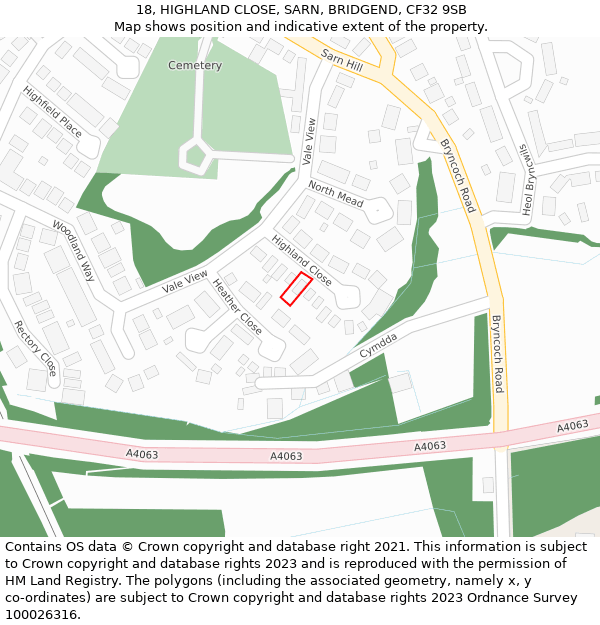 18, HIGHLAND CLOSE, SARN, BRIDGEND, CF32 9SB: Location map and indicative extent of plot