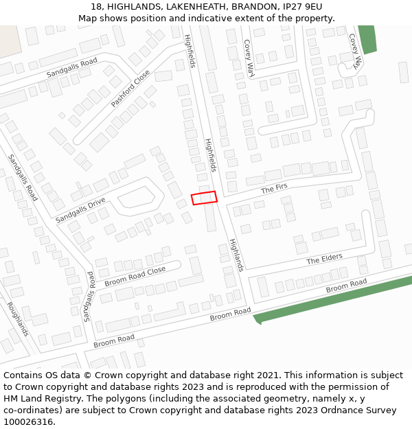 18, HIGHLANDS, LAKENHEATH, BRANDON, IP27 9EU: Location map and indicative extent of plot