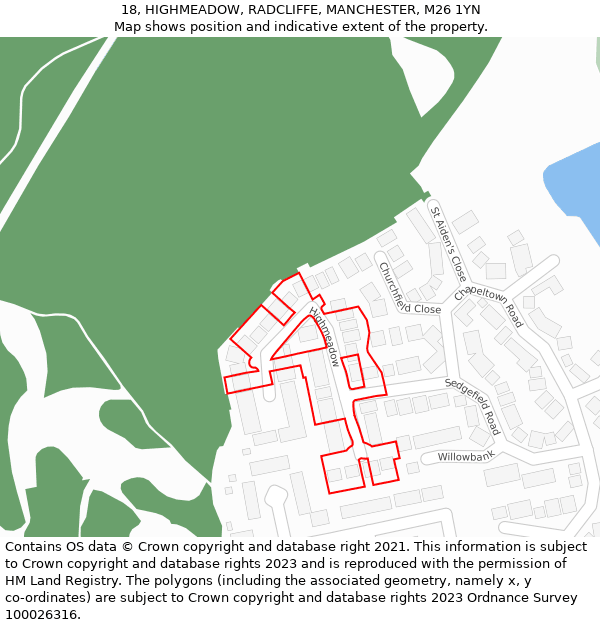 18, HIGHMEADOW, RADCLIFFE, MANCHESTER, M26 1YN: Location map and indicative extent of plot