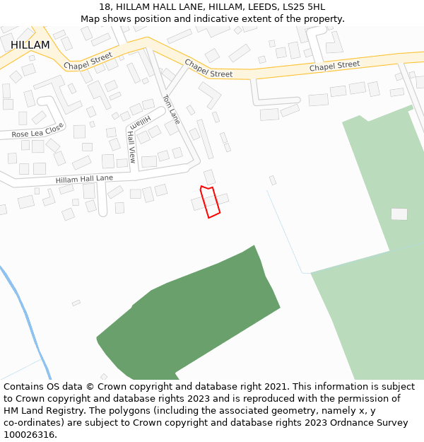 18, HILLAM HALL LANE, HILLAM, LEEDS, LS25 5HL: Location map and indicative extent of plot