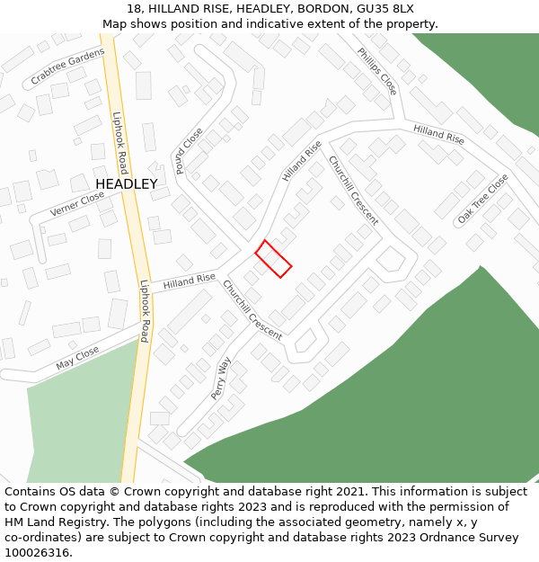 18, HILLAND RISE, HEADLEY, BORDON, GU35 8LX: Location map and indicative extent of plot