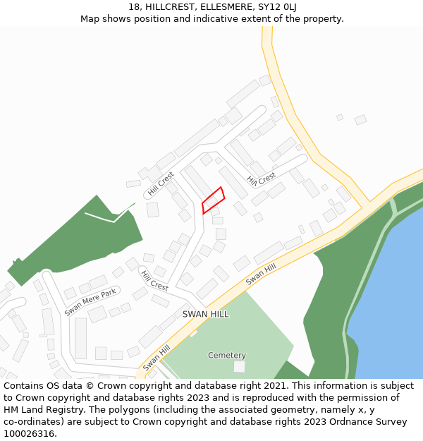 18, HILLCREST, ELLESMERE, SY12 0LJ: Location map and indicative extent of plot