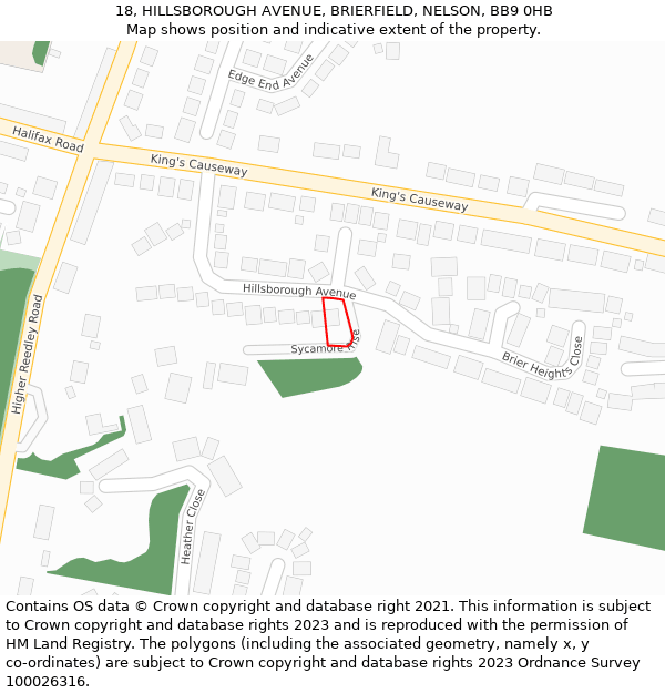 18, HILLSBOROUGH AVENUE, BRIERFIELD, NELSON, BB9 0HB: Location map and indicative extent of plot