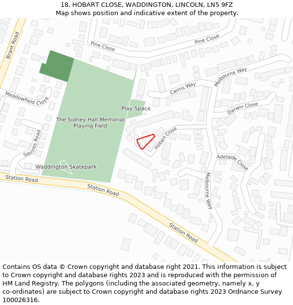 18, HOBART CLOSE, WADDINGTON, LINCOLN, LN5 9FZ: Location map and indicative extent of plot