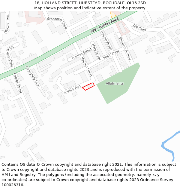 18, HOLLAND STREET, HURSTEAD, ROCHDALE, OL16 2SD: Location map and indicative extent of plot