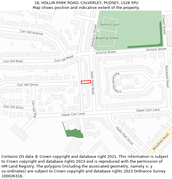 18, HOLLIN PARK ROAD, CALVERLEY, PUDSEY, LS28 5PU: Location map and indicative extent of plot