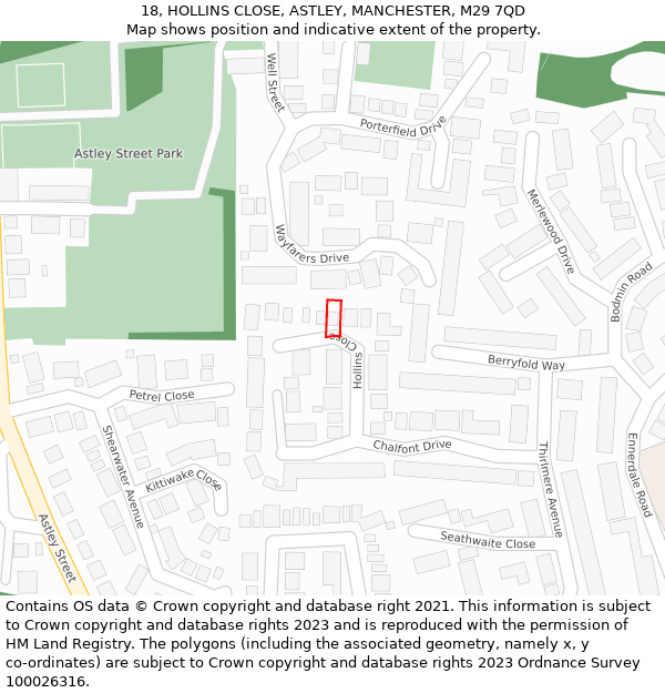 18, HOLLINS CLOSE, ASTLEY, MANCHESTER, M29 7QD: Location map and indicative extent of plot