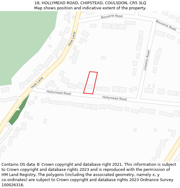 18, HOLLYMEAD ROAD, CHIPSTEAD, COULSDON, CR5 3LQ: Location map and indicative extent of plot