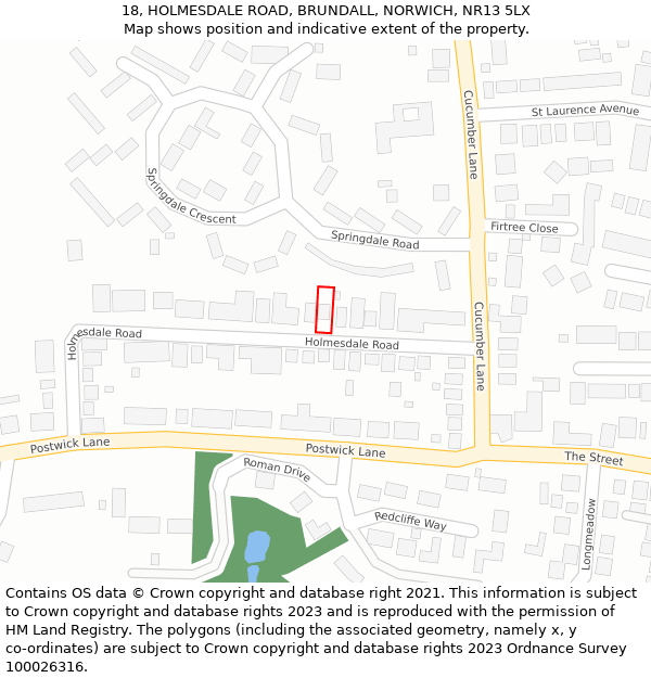 18, HOLMESDALE ROAD, BRUNDALL, NORWICH, NR13 5LX: Location map and indicative extent of plot