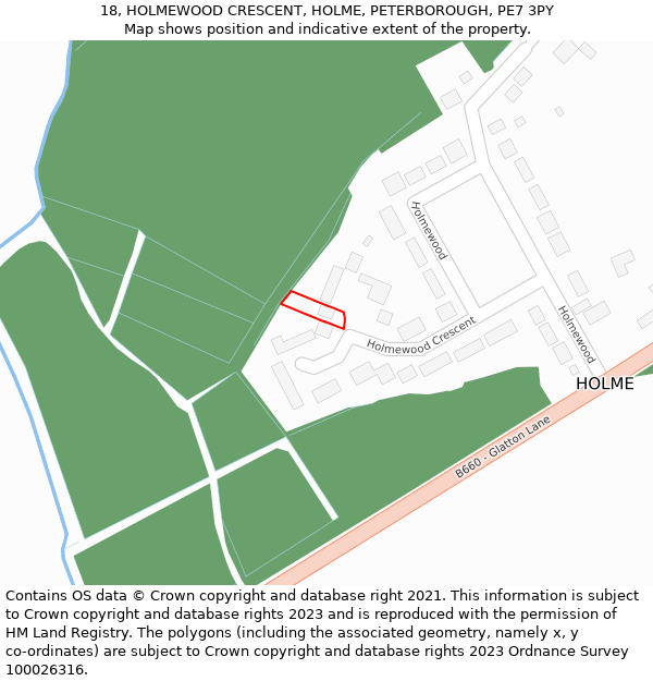 18, HOLMEWOOD CRESCENT, HOLME, PETERBOROUGH, PE7 3PY: Location map and indicative extent of plot