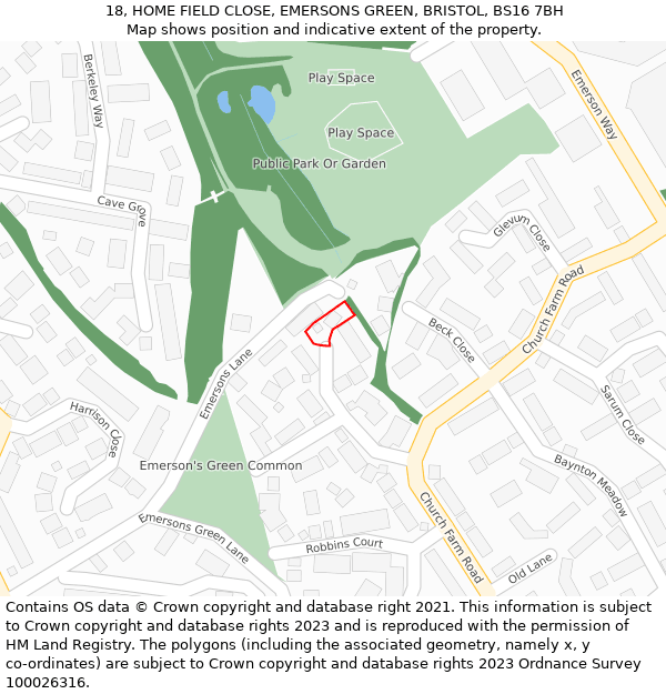 18, HOME FIELD CLOSE, EMERSONS GREEN, BRISTOL, BS16 7BH: Location map and indicative extent of plot