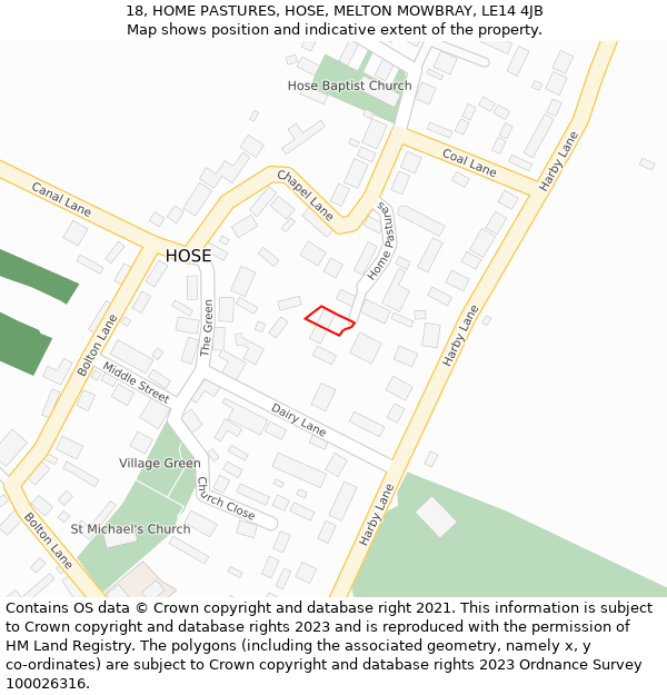 18, HOME PASTURES, HOSE, MELTON MOWBRAY, LE14 4JB: Location map and indicative extent of plot