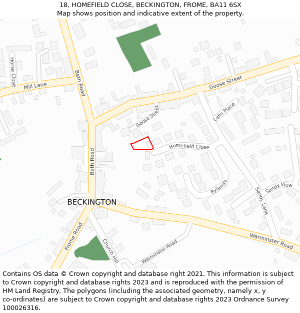 18, HOMEFIELD CLOSE, BECKINGTON, FROME, BA11 6SX: Location map and indicative extent of plot