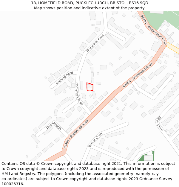 18, HOMEFIELD ROAD, PUCKLECHURCH, BRISTOL, BS16 9QD: Location map and indicative extent of plot