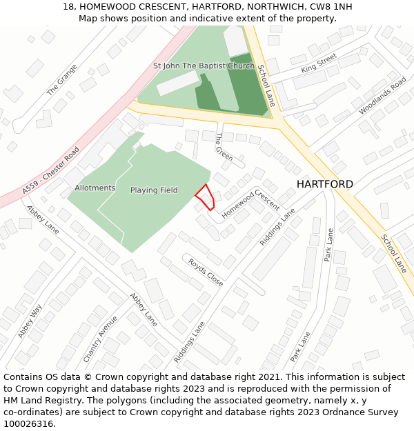 18, HOMEWOOD CRESCENT, HARTFORD, NORTHWICH, CW8 1NH: Location map and indicative extent of plot