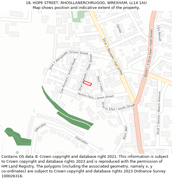 18, HOPE STREET, RHOSLLANERCHRUGOG, WREXHAM, LL14 1AU: Location map and indicative extent of plot