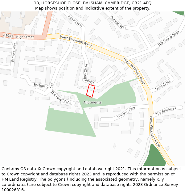 18, HORSESHOE CLOSE, BALSHAM, CAMBRIDGE, CB21 4EQ: Location map and indicative extent of plot