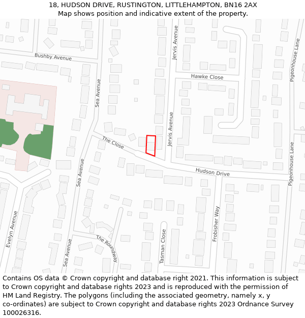 18, HUDSON DRIVE, RUSTINGTON, LITTLEHAMPTON, BN16 2AX: Location map and indicative extent of plot