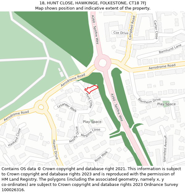 18, HUNT CLOSE, HAWKINGE, FOLKESTONE, CT18 7FJ: Location map and indicative extent of plot