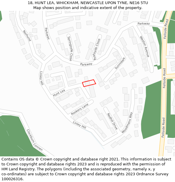 18, HUNT LEA, WHICKHAM, NEWCASTLE UPON TYNE, NE16 5TU: Location map and indicative extent of plot