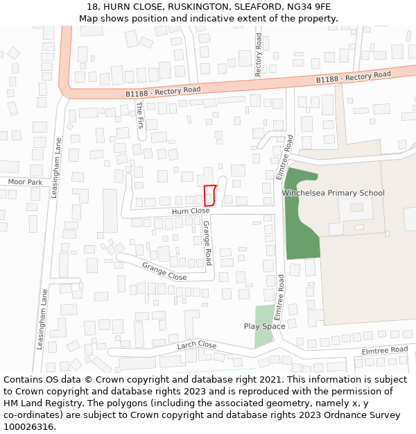18, HURN CLOSE, RUSKINGTON, SLEAFORD, NG34 9FE: Location map and indicative extent of plot