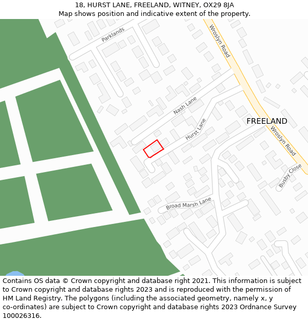 18, HURST LANE, FREELAND, WITNEY, OX29 8JA: Location map and indicative extent of plot