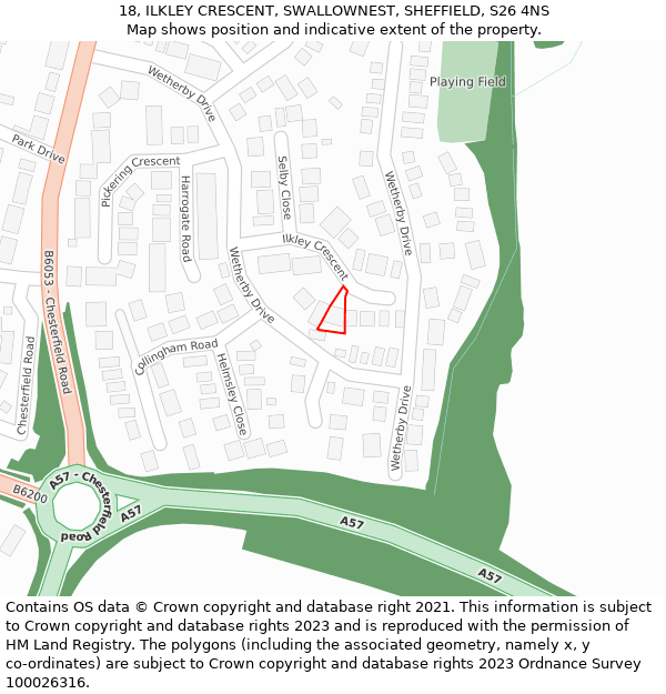 18, ILKLEY CRESCENT, SWALLOWNEST, SHEFFIELD, S26 4NS: Location map and indicative extent of plot