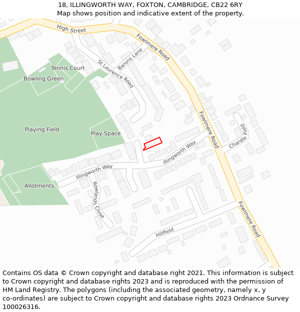 18, ILLINGWORTH WAY, FOXTON, CAMBRIDGE, CB22 6RY: Location map and indicative extent of plot