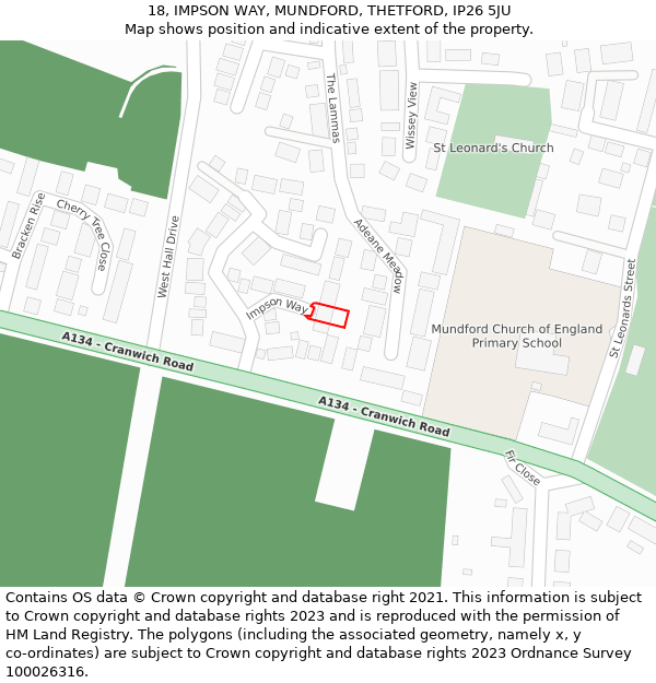 18, IMPSON WAY, MUNDFORD, THETFORD, IP26 5JU: Location map and indicative extent of plot