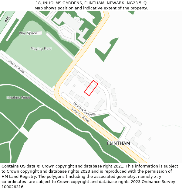 18, INHOLMS GARDENS, FLINTHAM, NEWARK, NG23 5LQ: Location map and indicative extent of plot