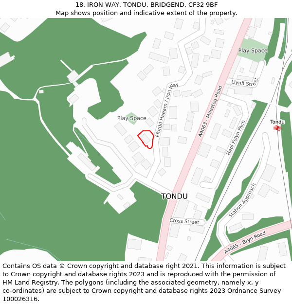 18, IRON WAY, TONDU, BRIDGEND, CF32 9BF: Location map and indicative extent of plot