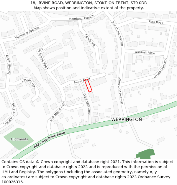 18, IRVINE ROAD, WERRINGTON, STOKE-ON-TRENT, ST9 0DR: Location map and indicative extent of plot