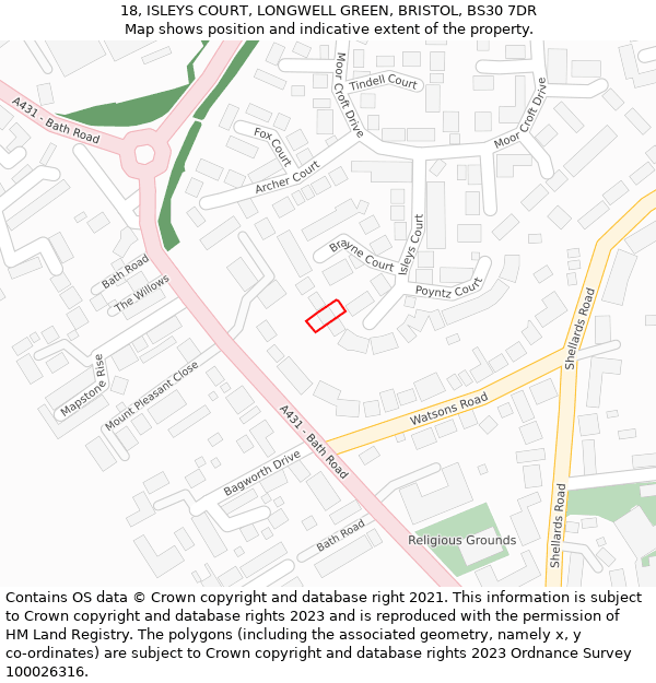 18, ISLEYS COURT, LONGWELL GREEN, BRISTOL, BS30 7DR: Location map and indicative extent of plot