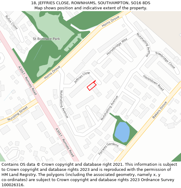 18, JEFFRIES CLOSE, ROWNHAMS, SOUTHAMPTON, SO16 8DS: Location map and indicative extent of plot