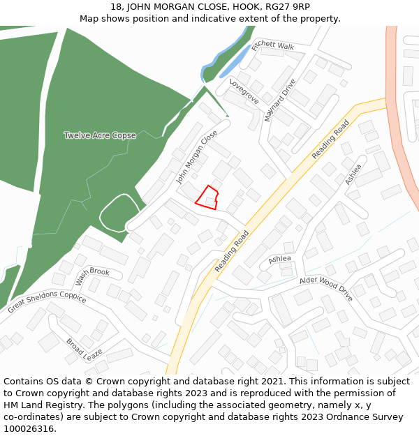 18, JOHN MORGAN CLOSE, HOOK, RG27 9RP: Location map and indicative extent of plot