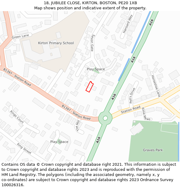 18, JUBILEE CLOSE, KIRTON, BOSTON, PE20 1XB: Location map and indicative extent of plot