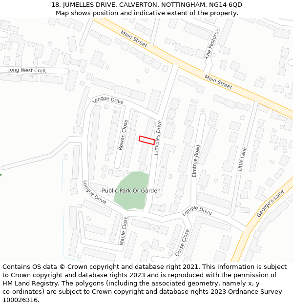 18, JUMELLES DRIVE, CALVERTON, NOTTINGHAM, NG14 6QD: Location map and indicative extent of plot