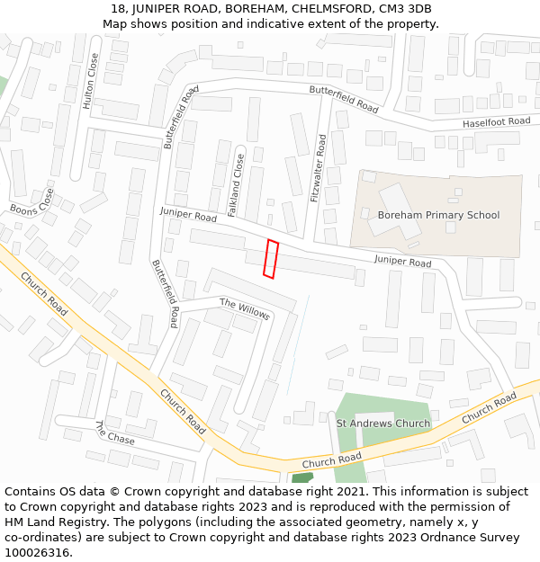 18, JUNIPER ROAD, BOREHAM, CHELMSFORD, CM3 3DB: Location map and indicative extent of plot