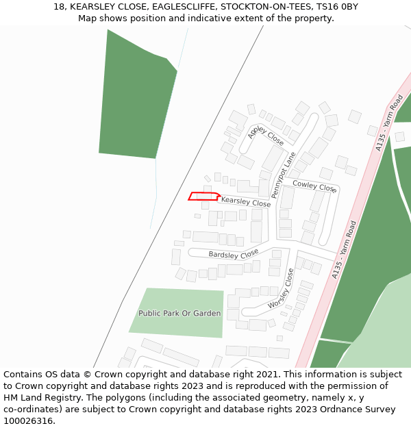 18, KEARSLEY CLOSE, EAGLESCLIFFE, STOCKTON-ON-TEES, TS16 0BY: Location map and indicative extent of plot