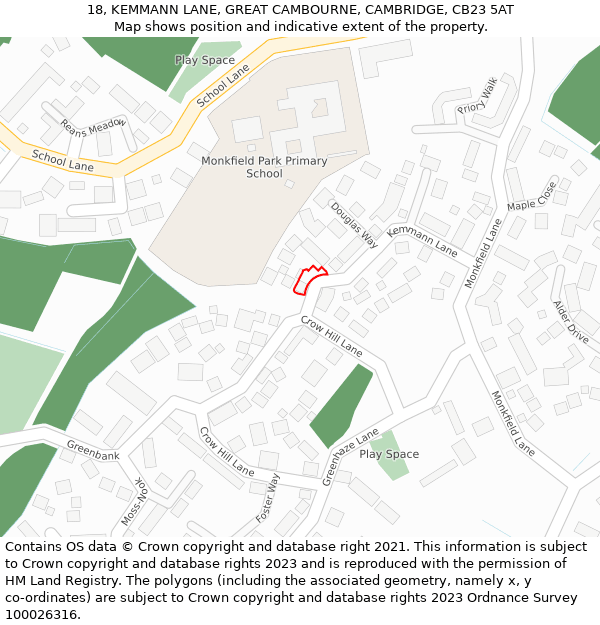 18, KEMMANN LANE, GREAT CAMBOURNE, CAMBRIDGE, CB23 5AT: Location map and indicative extent of plot