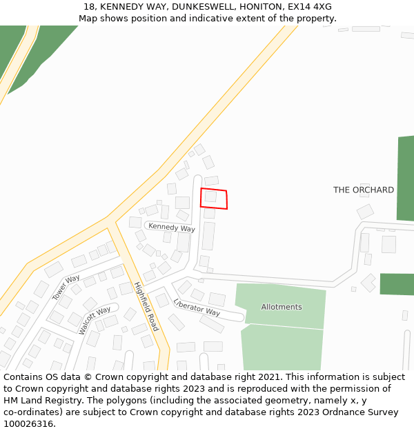 18, KENNEDY WAY, DUNKESWELL, HONITON, EX14 4XG: Location map and indicative extent of plot