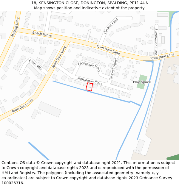 18, KENSINGTON CLOSE, DONINGTON, SPALDING, PE11 4UN: Location map and indicative extent of plot