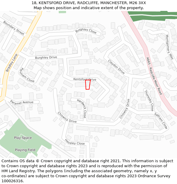 18, KENTSFORD DRIVE, RADCLIFFE, MANCHESTER, M26 3XX: Location map and indicative extent of plot
