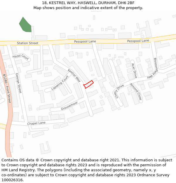 18, KESTREL WAY, HASWELL, DURHAM, DH6 2BF: Location map and indicative extent of plot