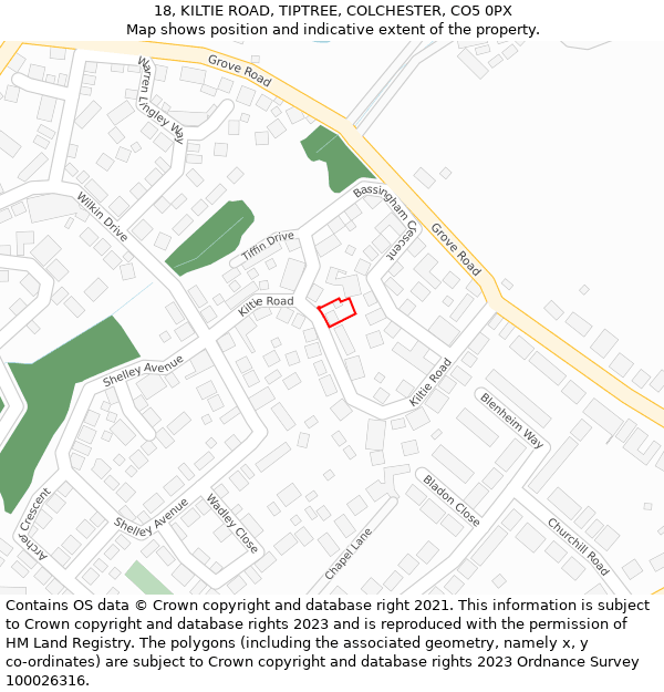 18, KILTIE ROAD, TIPTREE, COLCHESTER, CO5 0PX: Location map and indicative extent of plot