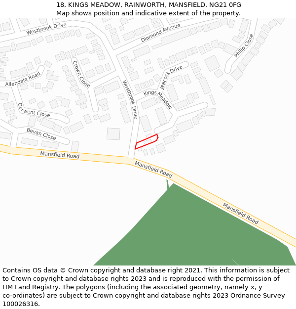 18, KINGS MEADOW, RAINWORTH, MANSFIELD, NG21 0FG: Location map and indicative extent of plot