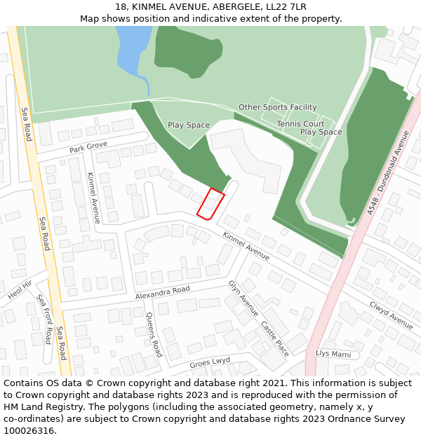 18, KINMEL AVENUE, ABERGELE, LL22 7LR: Location map and indicative extent of plot